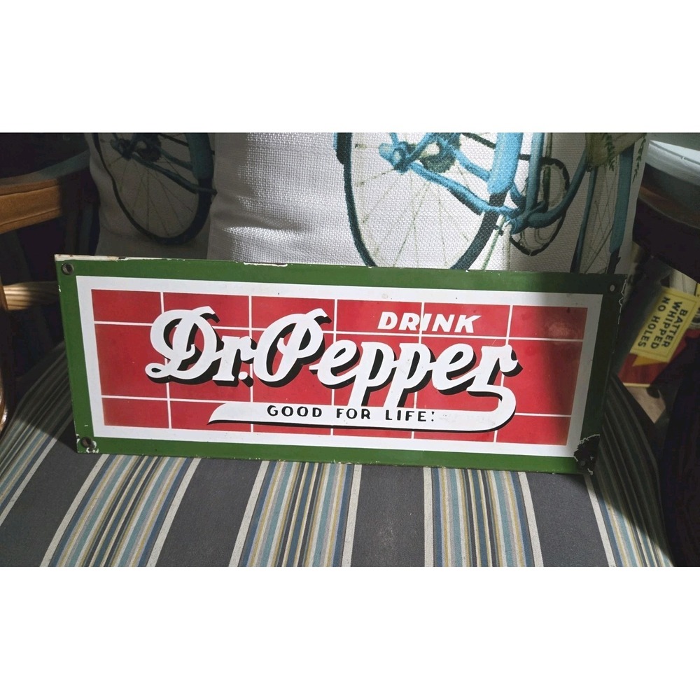 Vintage Litho Steel Dr Pepper Good For Life Soda Sign Red Brick Tile 5x16"